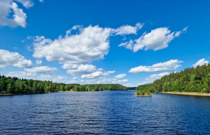 Klart vatten, blå himmel, vita moln, gröna träd, ingen person, lugnt, dagtid, natur, sjölandskap.