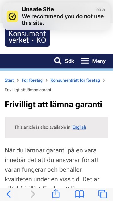 Webbläsarskärm med varning för osäker webbplats, Konsumentverkets sida om garantier, navigeringsmeny, text på svenska.