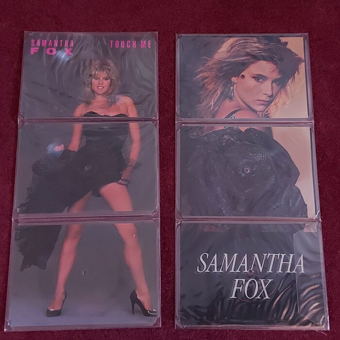 Fyra vinylskivomslag med kvinnlig artist, röd matta, skyddsfodral, "Samantha Fox", nostalgi, musik, 1980-tal.