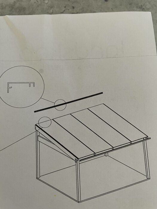 Monteringsanvisning för möbel, linjeteckning, detaljerade delar, skruvade sammanbindningar, förenklad representation, grått papper.