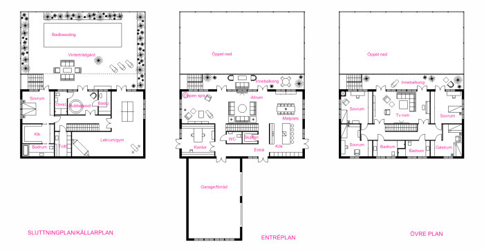 Arkitektoniska ritningar av ett hus fördelade på källarplan, entréplan och övre plan.