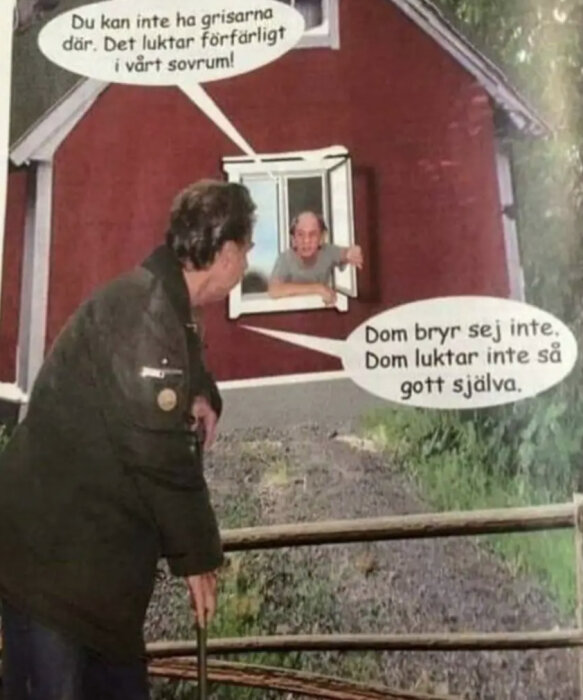 Två personer diskuterar, troligtvis om bondgårdsdjur, humoristisk bild med pratbubblor, rött hus i bakgrunden.