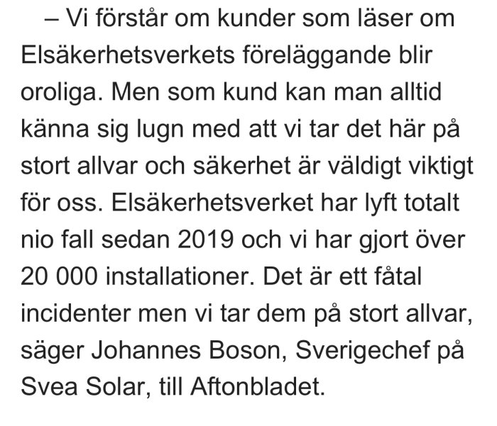 Text om elsäkerhet och företagets allvar gällande kundinstallationer och säkerhet.