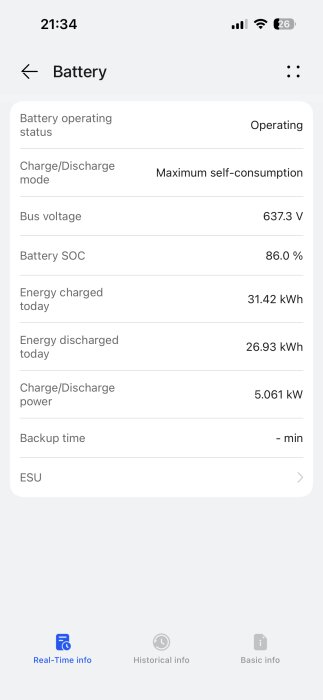 Skärmdump av mobilapp som visar batteristatus, driftläge, laddningsinformation och förbrukningsdata.