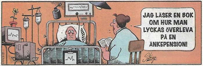 Sjukhussäng, patient, medicinsk utrustning, besökande läser bok, humor, pratbubbla med text om pension.