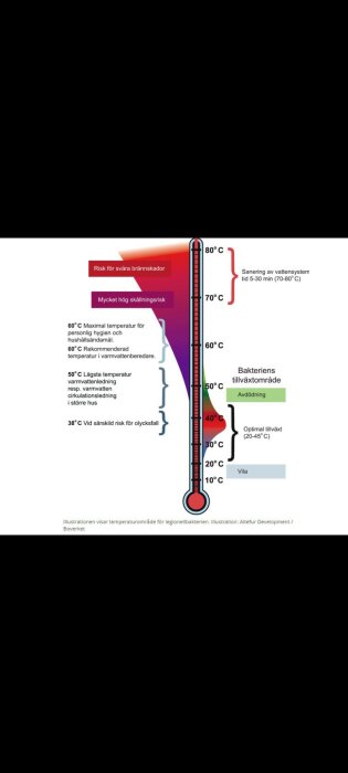 Illustration av temperaturområde för legionellabakterien, risker och rekommendationer för varmvatten. Visar bakterie tillväxt och avdödning.