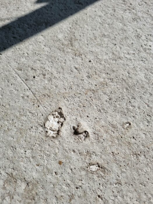 Tuggummi fastklistrat på trottoar, soligt väder, skuggor från omgivningen, utomhus, dagen.