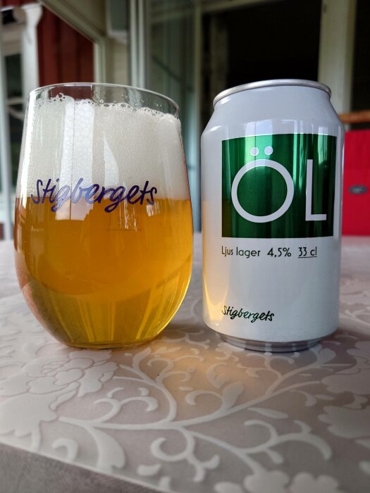 Ölglas med skum, burk med etikett "ÖL", läskande dryck, 4,5% alkohol, Stigbergets varumärke, ljus lager.