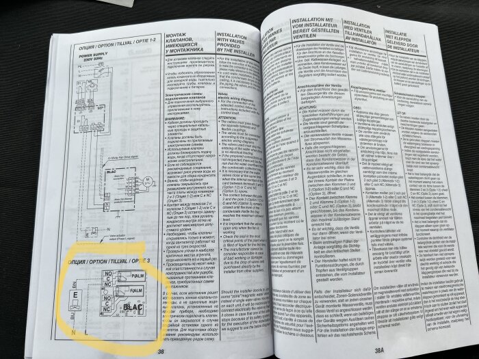 Teknisk manual, schematiska diagram, flerspråkig text, elektriska kopplingar, gula markeringar, sidnummer 38 och 38A.