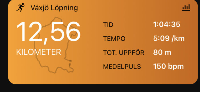 Skärmavbild av löpaktivitet: 12,56 km, tid 1:04:35, tempo 5:09/km, höjd 80 m, puls 150 bpm.