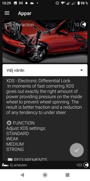 Skärmklipp av app med fordonsdynamiksystem, XDS-interaktion, inställningsalternativ och krav.