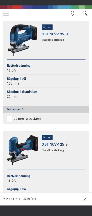 Två sladdlösa sticksågar. Modeller: GST 18V-125 B och S. Batterispänning 18V, sågdjup i trä 125 mm.