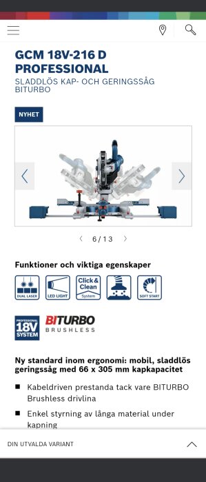 Trådlös kap- och geringssåg, BITURBO, professionell, ergonomisk design, LED-ljus, Dual Laser, mjukstartsfunktion.