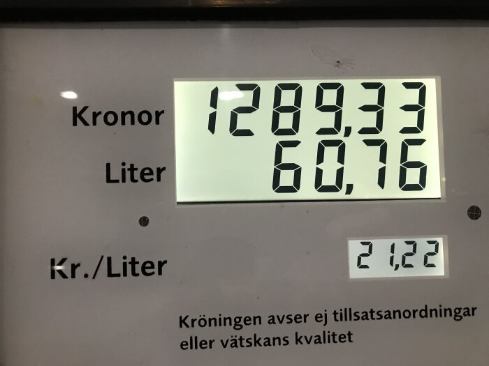 Bränslepumpdisplay visar kostnad i kronor, sålda liter och pris per liter.