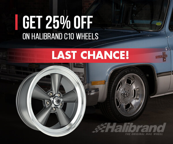 Reklam för 25% rabatt på Halibrand C10-fälgar, pick-up, "Last Chance!" erbjudande.