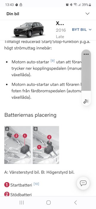 Skärmdump av bilapp, information om start/stop-funktion, batteriplacering i motorutrymme, vänster- och högerstyrda bilar.