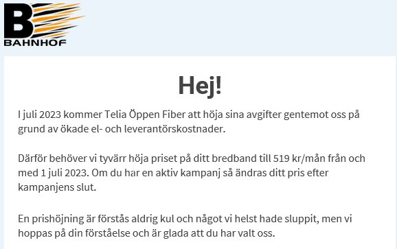 Bild av ett meddelande från Bahnhof om prisökning på bredband på grund av högre avgifter från Telia.