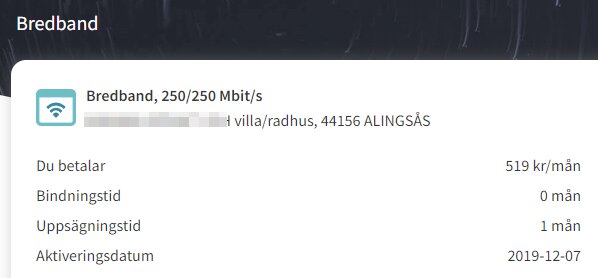 Bredbandsabonnemang, 250 Mbit/s, pris, bindningstid, uppsägningstid och aktiveringsdatum visas.