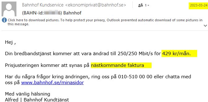 E-postmeddelande om ändrad bredbandstjänst och pris, nästa faktura, kontaktinformation för frågor, från kundtjänstrepresentant.