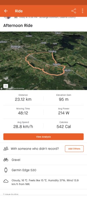 Cykeltur, appskärmbild, 23,12 km, 95 m stigning, 48:12 tid, satellitkarta.