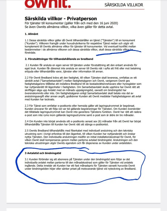 Skärmavbild av dokument, rubrik "Särskilda villkor - Privatperson", text om bredbandstjänst, blå markeringar, svenskspråkigt.