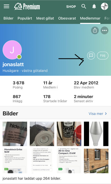 Användarprofil på en webbplats, poäng, aktivitet, uppladdade bilder, bostadsrelaterat innehåll.