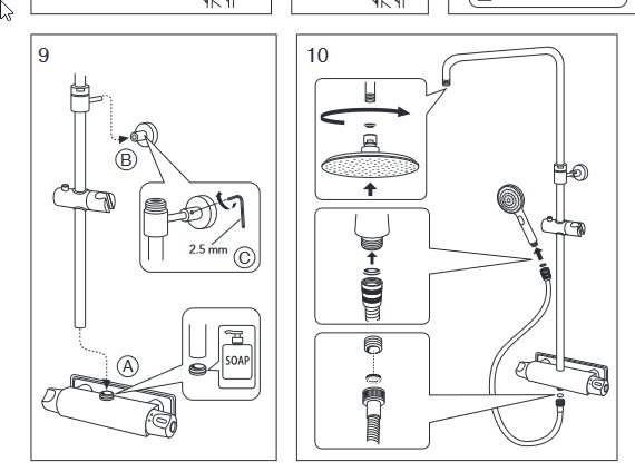 Instruktionsdiagram för montering av dusch: delar, verktyg och ihopsättning av duschstangen och handduschen.