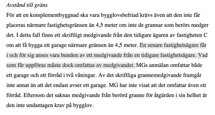 Svensk text om bygglov, avstånd till gräns och skriftligt medgivande för komplementbyggnad.