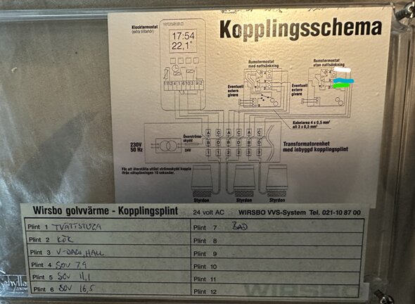 Kopplingsschema för golvvärme, anslutningar, instruktioner på svenska, teknisk ritning, etiketterade ledningar.