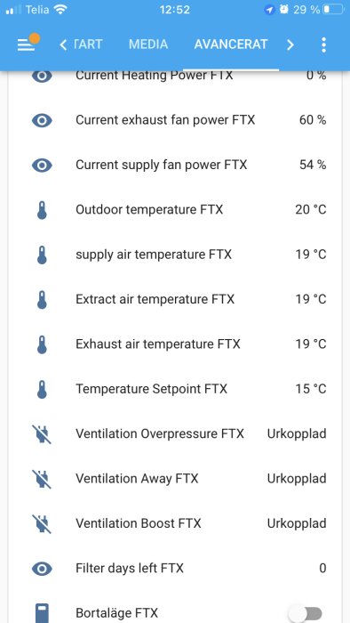 Skärmbild av HVAC-systemkontroll via mobilapp med temperaturinställningar och fläktströminformation.