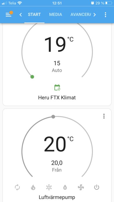 Skärmdump av uppvärmningssystem-app, visar temperaturinställningar för "Heru FTX Klimat" och "Luftvärmepump".