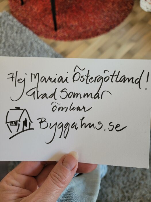 Hand håller kort med handskrift och illustration, hälsning till Maria i Östergötland, webbadress, inomhusmiljö.