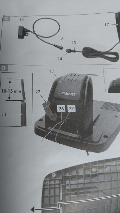 Instruktionsbilden visar delar av en elektronisk anordning, troligtvis under montering eller installeringsprocess, med beteckningar.