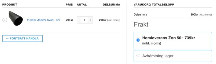 Skärmdump av webbutikens varukorg, svart markör, totalbelopp och fraktalternativ visas, sidan är på svenska.