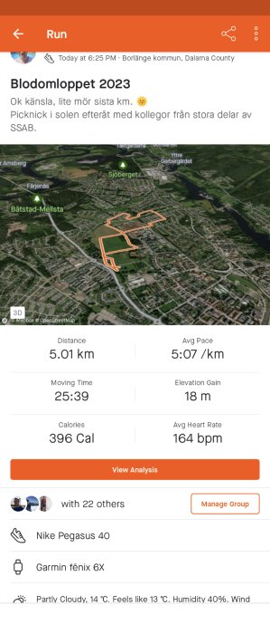 Skärmdump från löparapp visar 5 km löpt i Borlänge, med tid och hastighet, väderdata och utrustning nämns.