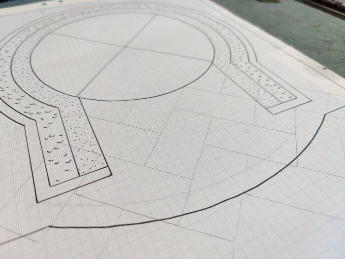 Arkitektonisk ritning, teknisk skiss, geometriska former, designmönster, millimeterpapper, detaljerat, ingenjörskonst, planeringsdokument.