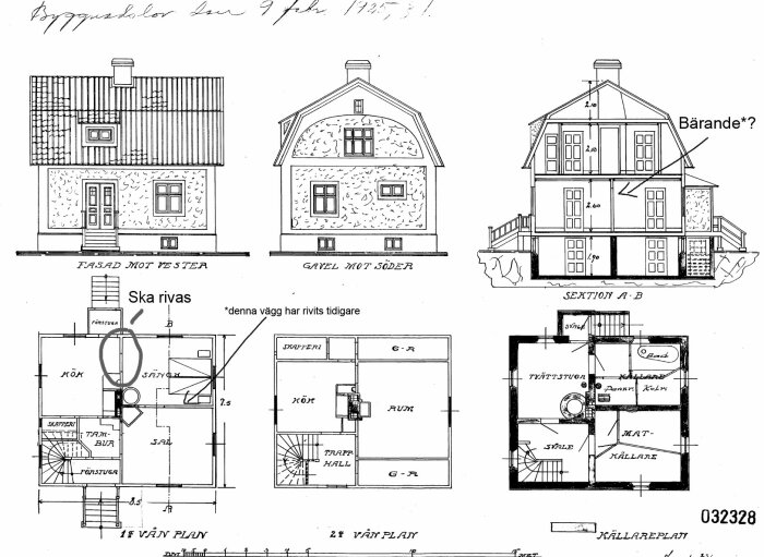 Arkitektoniska ritningar av hus; fasader, sektioner, och planlösningar. Noteringar och måttangivelser syns.