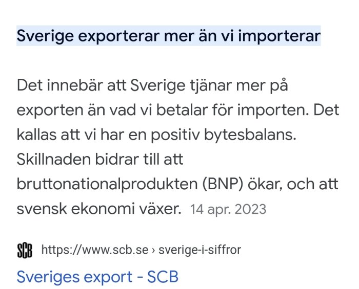 Svensk text om Sveriges positiva handelsbalans och ekonomisk tillväxt den 14 april 2023.