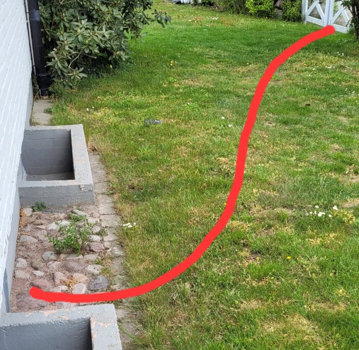 Trädgård med gräsmatta, buskar, röd linje över bilden, stentrappa och vit grind.