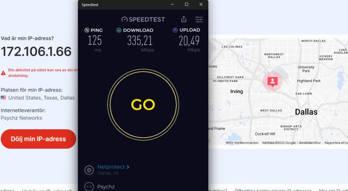 Skärmdump visar IP-adress, internetanslutningens hastighetstest och platsmarkör på Dallas, Texas karta.