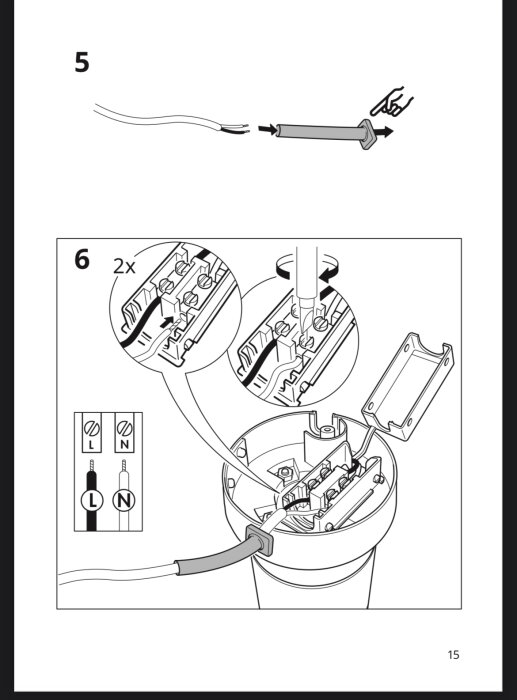 Instruktionsbilder för kabelanslutning i ett elektriskt system, inklusive avskalning och infästning av ledningar.