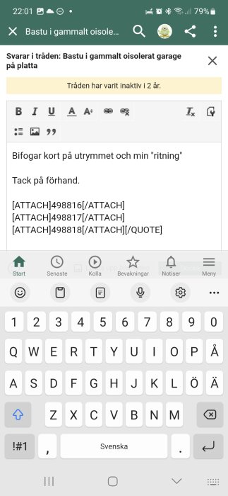 Skärmdump av mobilforum med tråd om bastubyggnation, inaktiv i 2 år, inläggskompositionsbild.