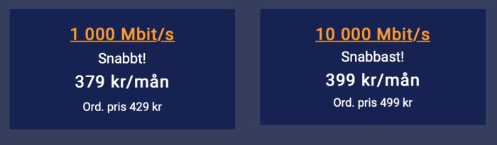Reklam för internetabonnemang: 1000 Mbit/s för 379 kr/mån och 10 000 Mbit/s för 399 kr/mån.