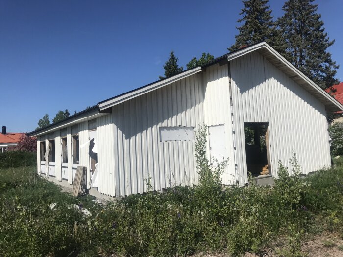 Vit träbyggnad i förfall, öppen dörr, grönska, klarblå himmel.