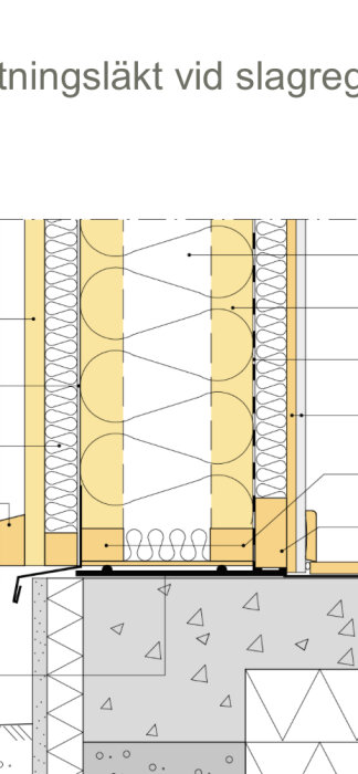 Teknisk ritning, delvis avskuren. Detalj av byggnadskonstruktion, möjligen isolering och lastfördelning vid grund.