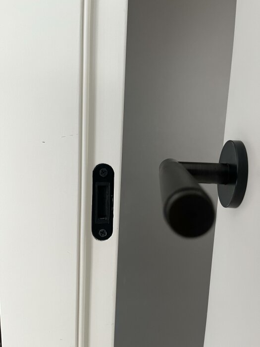 Vit dörr med svart handtag och elektroniskt lås, minimalistisk modern design.