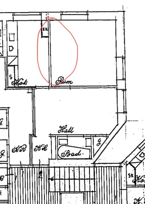 Arkitektonisk ritning, markerad del, möjligt rumsförslag, planlösning, enkelt, svartvitt, detaljerat, dimensioner.