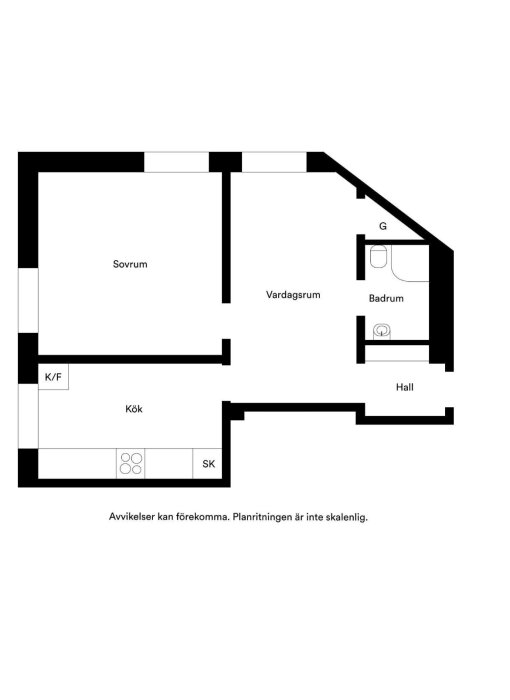 Svartvit planritning: sovrum, vardagsrum, kök, badrum, hall. "Avvikelser kan förekomma. Planritningen är inte skalenlig."