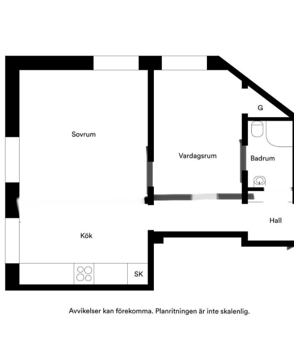 Svartvit planritning av lägenhet: kök, sovrum, vardagsrum, badrum, hall, ej skalenlig, avvikelser kan förekomma.