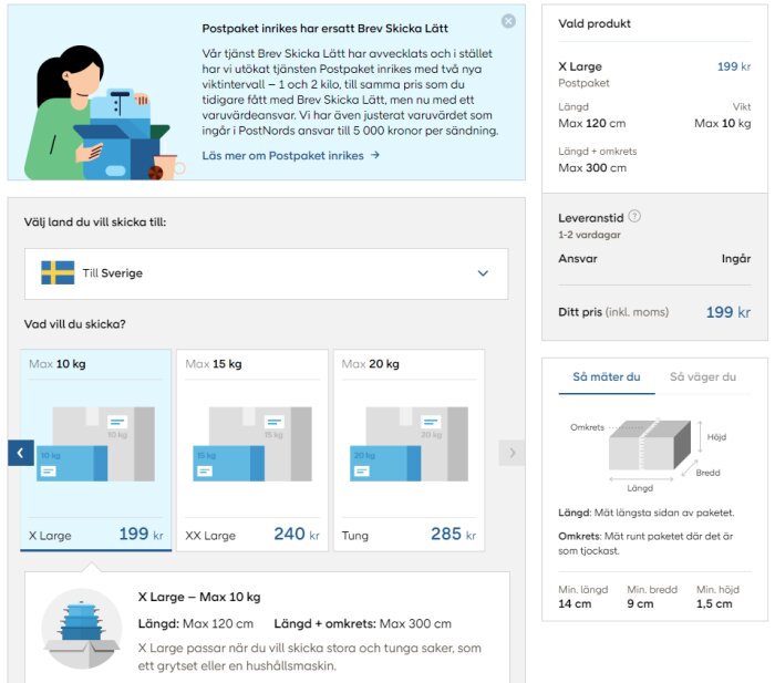 Webbsida för postservice visar paketalternativ, priser, och en illustration av kvinna som skickar paket.